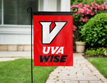 Load image into Gallery viewer, back side of double sided garden flag with uva wise logo for yard decor
