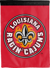 Load image into Gallery viewer, back side of louisiana ragin cajuns double sided house flag for college dorm decor
