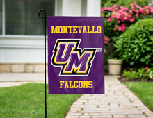 Load image into Gallery viewer, back side of purple montevallo falcons double sided garden flag for yard decor
