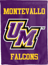 Load image into Gallery viewer, back side of purple montevallo falcons double sided house flag for game day decor

