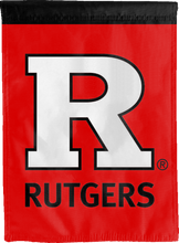 Load image into Gallery viewer, back side of red and black rutgers university double sided house flag for man cave decor
