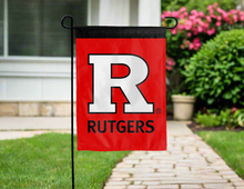 Load image into Gallery viewer, back side of red and black rutgers university double sided garden flag for yard decor

