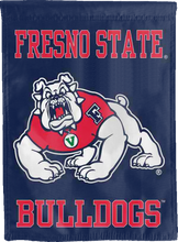 Load image into Gallery viewer, back side of red and blue fresno state university double sided house flag for game day decor
