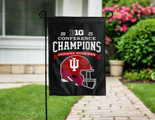 Load image into Gallery viewer, back side view of indiana football garden flag with big ten conference champions logo for yard decor
