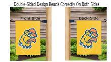 Load image into Gallery viewer, banty the bantam logo reading correctly on both sides of gold trinity college double sided garden flag
