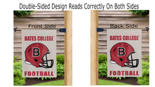 Load image into Gallery viewer, bates college football logo reading correctly on both sides of grey double sided garden flag
