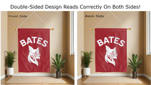Load image into Gallery viewer, bates college logo reading correctly on both sides of red double sided house flag
