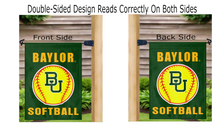 Load image into Gallery viewer, baylor softball logo reading correctly on both sides of green double sided garden flag
