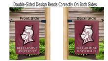 Load image into Gallery viewer, bellarmine university logo reading correctly on both sides of maroon double sided garden flag
