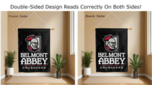 Load image into Gallery viewer, belmont abbey crusaders logo reading correctly on both sides of black double sided house flag
