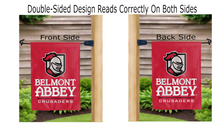 Load image into Gallery viewer, belmont abbey crusaders logo reading correctly on both sides of red double sided garden flag

