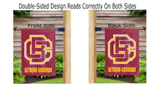 Load image into Gallery viewer, bethune cookman university logo reading correctly on both sides of red double sided garden flag
