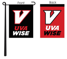 Load image into Gallery viewer, black and red double sided garden flag with uva wise logo for yard decor
