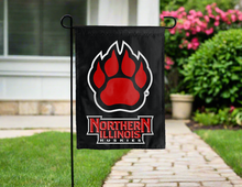 Load image into Gallery viewer, black double sided garden flag with northern illinois huskies logo
