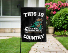Load image into Gallery viewer, black double sided garden flag with this is coastal carolina chanticleers country logo for yard decor
