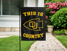 Load image into Gallery viewer, black double sided garden flag with this is ottawa university braves country logo for yard decor
