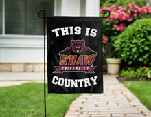 Load image into Gallery viewer, black double sided garden flag with this is shaw university bears country logo for yard decor
