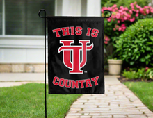 Load image into Gallery viewer, black double sided garden flag with this is tampa spartans country logo for yard decor
