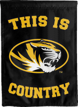 Load image into Gallery viewer, black double sided house flag with this is mizzou tigers country logo for college dorm decor
