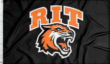 Load image into Gallery viewer, black rochester institute of technology flag with rit logo for college dorm decor
