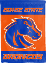 Load image into Gallery viewer, blue and orange boise state broncos double sided house flag for college dorm decor
