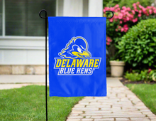 Load image into Gallery viewer, blue double sided garden flag with delaware blue hens logo for yard decor
