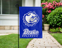 Load image into Gallery viewer, blue double sided garden flag with drake bulldogs logo for yard decor
