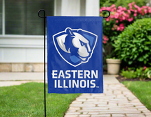Load image into Gallery viewer, double sided garden flag with eastern illinois logo hung for yard decor
