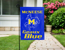 Load image into Gallery viewer, blue double sided garden flag with mcneese geaux blue logo for yard decor
