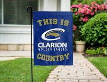 Load image into Gallery viewer, blue double sided garden flag with this is clarion golden eagles country logo for yard decor
