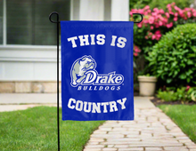 Load image into Gallery viewer, blue double sided garden flag with this is drake bulldogs country logo
