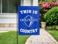 Load image into Gallery viewer, blue double sided garden flag with this is franklin &amp; marshall college diplomats country logo for yard decor
