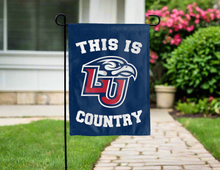 Load image into Gallery viewer, blue double sided garden flag with this is lu liberty university country logo for yard decor

