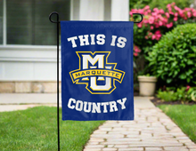 Load image into Gallery viewer, blue double sided garden flag with this is marquette golden eagles country logo for yard decor
