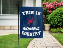 Load image into Gallery viewer, blue double sided garden flag with this is richmond spiders country logo
