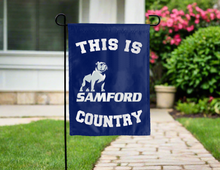 Load image into Gallery viewer, blue double sided garden flag with this is samford country logo for yard decor
