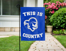 Load image into Gallery viewer, blue double sided garden flag with this is seton hall pirates country logo for yard decor
