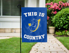 Load image into Gallery viewer, blue double sided garden flag with this is southern arkansas muleriders country logo for yard decor
