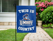 Load image into Gallery viewer, blue double sided garden flag with this is umary marauders country logo for yard decor
