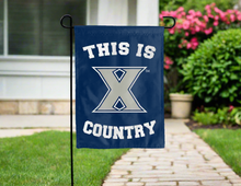 Load image into Gallery viewer, blue double sided garden flag with this is xavier musketeers country logo for yard decor
