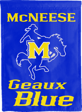 Load image into Gallery viewer, blue double sided house flag with mcneese geaux blue logo
