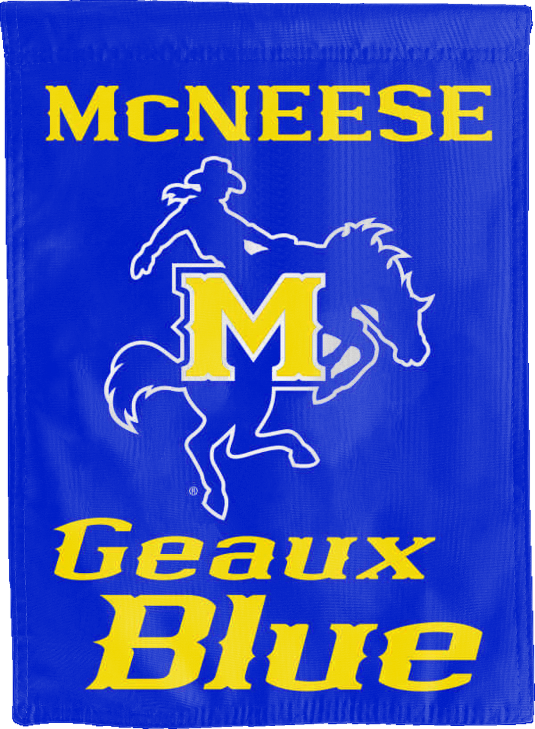 blue double sided house flag with mcneese geaux blue logo