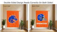 Load image into Gallery viewer, boise state broncos football logo reading correctly on both sides of orange double sided house flag
