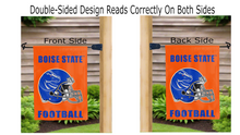 Load image into Gallery viewer, boise state football logo reading correctly on both sides of orange double sided garden flag

