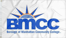 Load image into Gallery viewer, white borough of manhattan community college flag for college dorm decor
