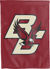 Load image into Gallery viewer, red boston college double sided house flag hung outside the home for man cave decor
