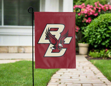 Load image into Gallery viewer, red boston college garden flag hung outside the home for yard decor
