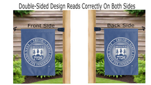 Load image into Gallery viewer, brandeis university seal logo reading correctly on both sides of blue double sided garden flag
