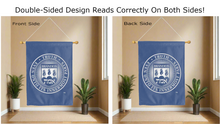 Load image into Gallery viewer, brandeis university seal logo reading correctly on both sides of blue double sided house flag
