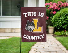 Load image into Gallery viewer, brown double sided garden flag with this is loyola university chicago country logo for yard decor
